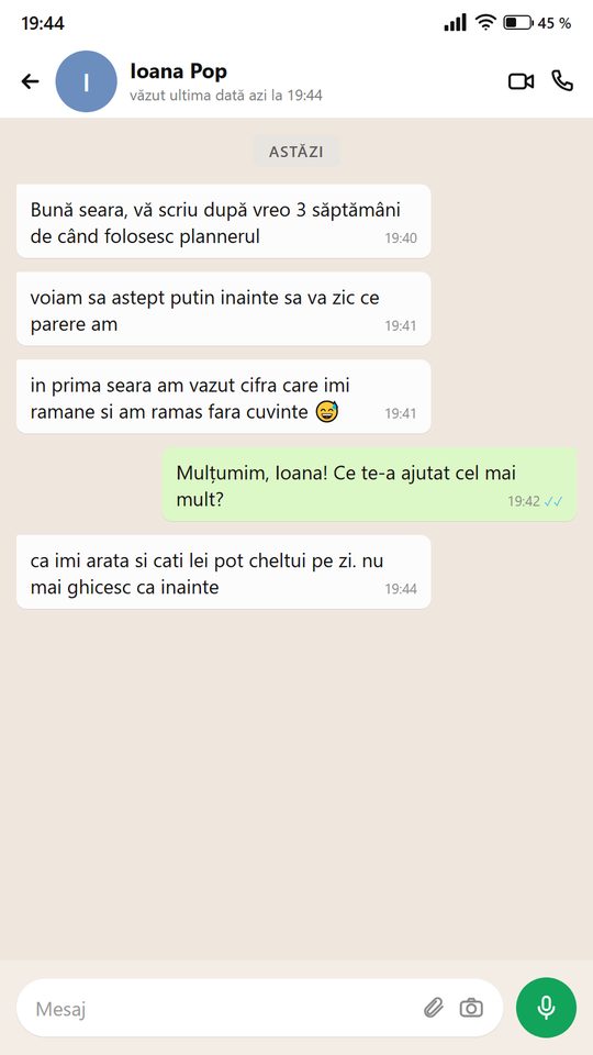 Mesaj de la o persoană care folosește plannerul
