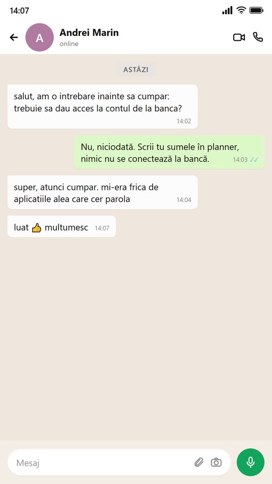 Mesaj de la o persoană care folosește plannerul