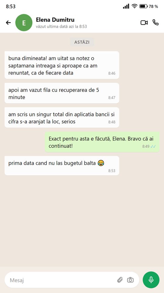 Mesaj de la o persoană care folosește plannerul