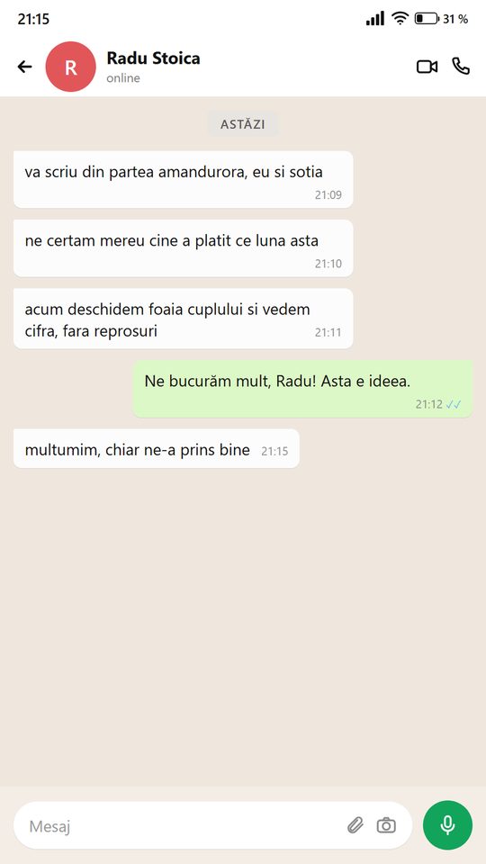 Mesaj de la o persoană care folosește plannerul
