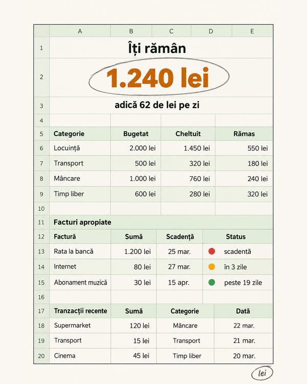 Pagina principală a plannerului cu cifra «Îți rămân 1.240 de lei»
