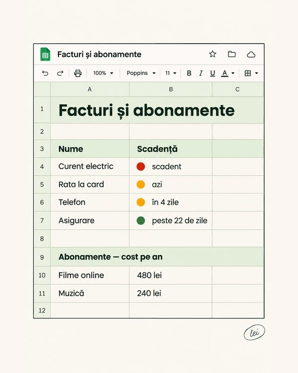 Lista de facturi și abonamente cu semafor
