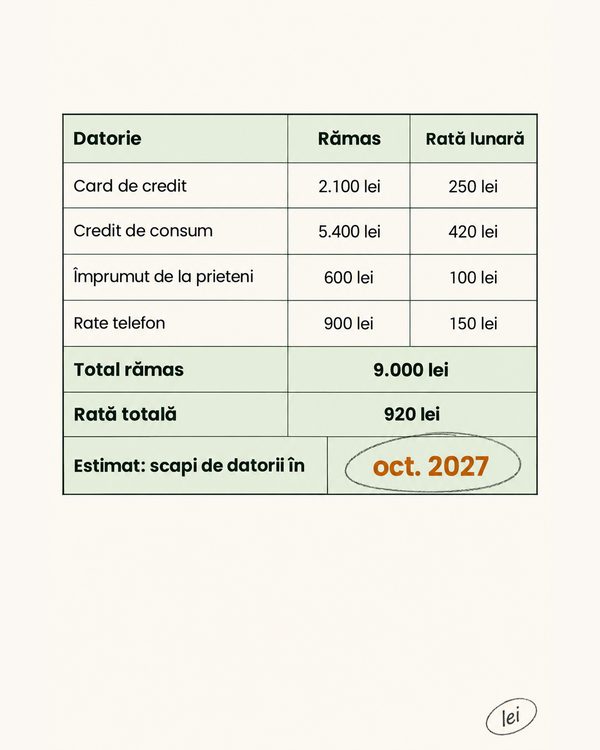 Pagina de datorii, cu data estimată la care scapi de ele